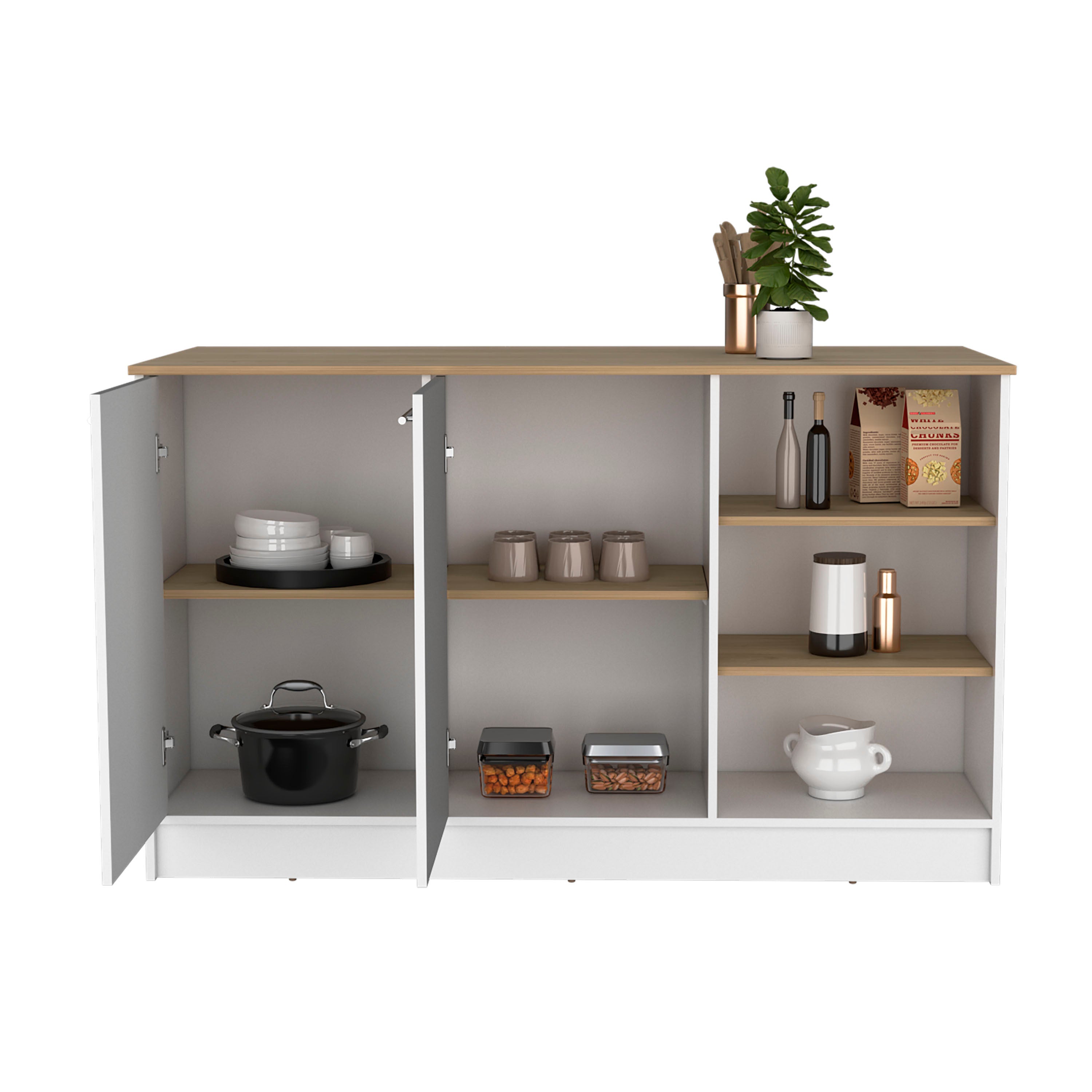 Ginger Kitchen Island with 3 Shelves and 2-Door Cabinets