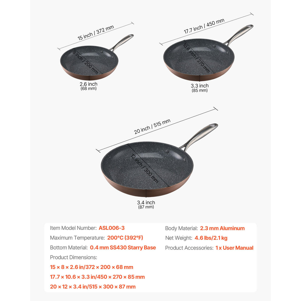 3 Piece Aluminum Skillet Set 8" 10" 12" Pre-Seasoned Grey