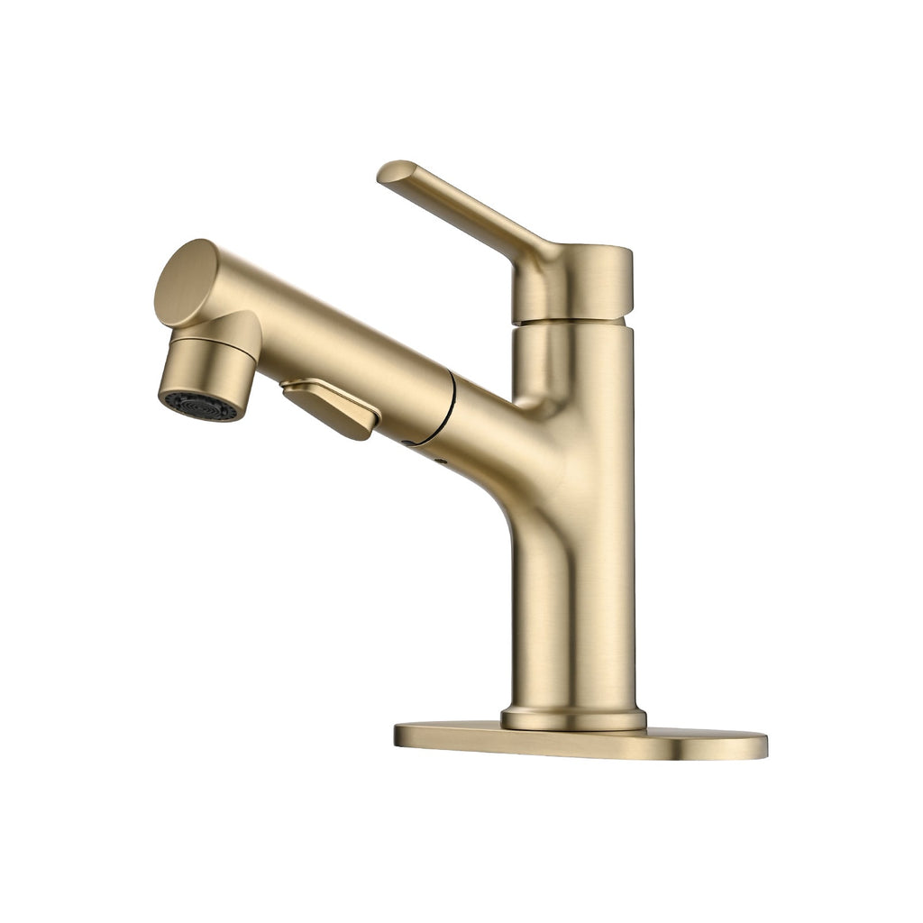 Brushed Gold Single Handle Pull Out Sprayer Bathroom Faucet
