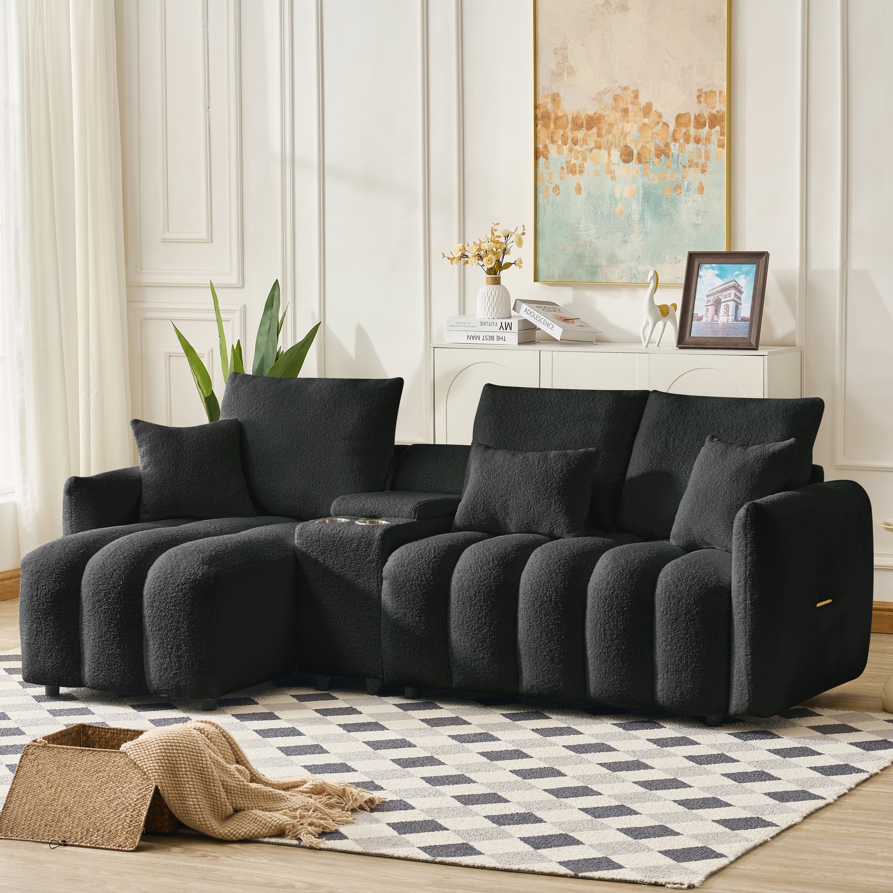 Sectional Sofa Teddy Fabric Black Console USB Cup Holder 3 Seat 330 LB