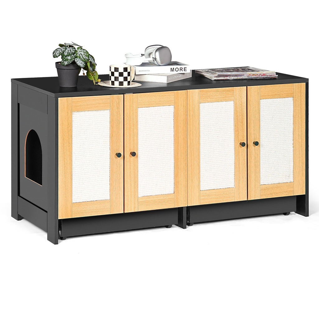 Black Double Litter Box Enclosure with Rattan Doors