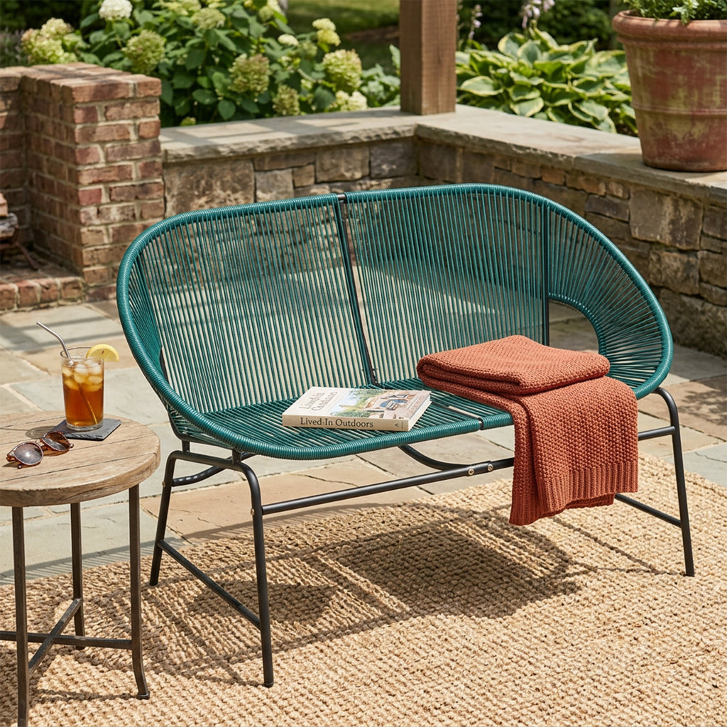Green PE Rattan Outdoor Patio Wicker Loveseat with Iron Frame