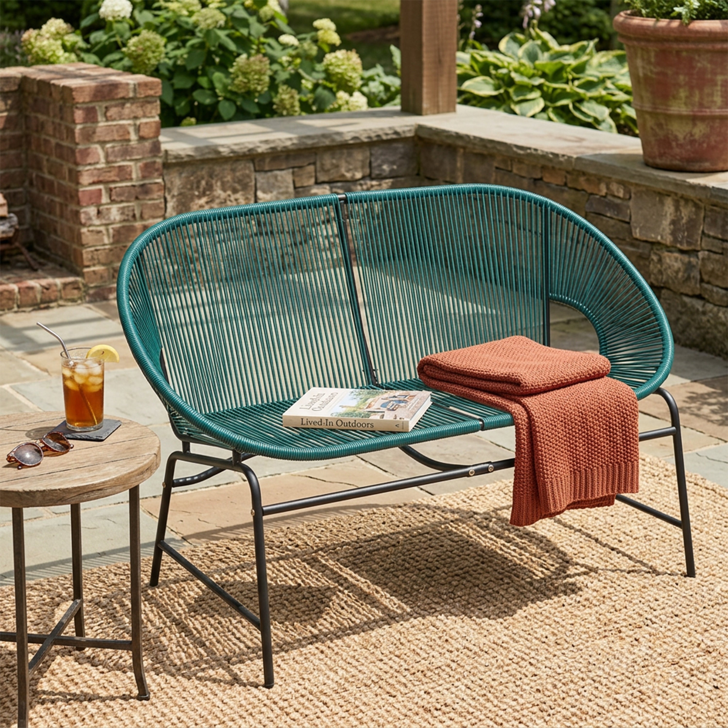 Green PE Rattan Outdoor Patio Wicker Loveseat with Iron Frame