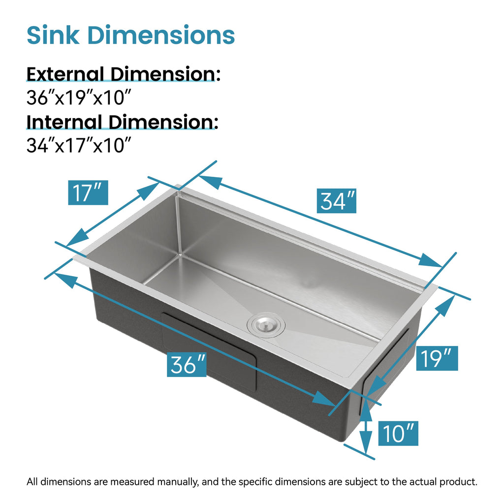 Stainless Steel Undermount Kitchen Sink 36x19 Single Bowl Brushed