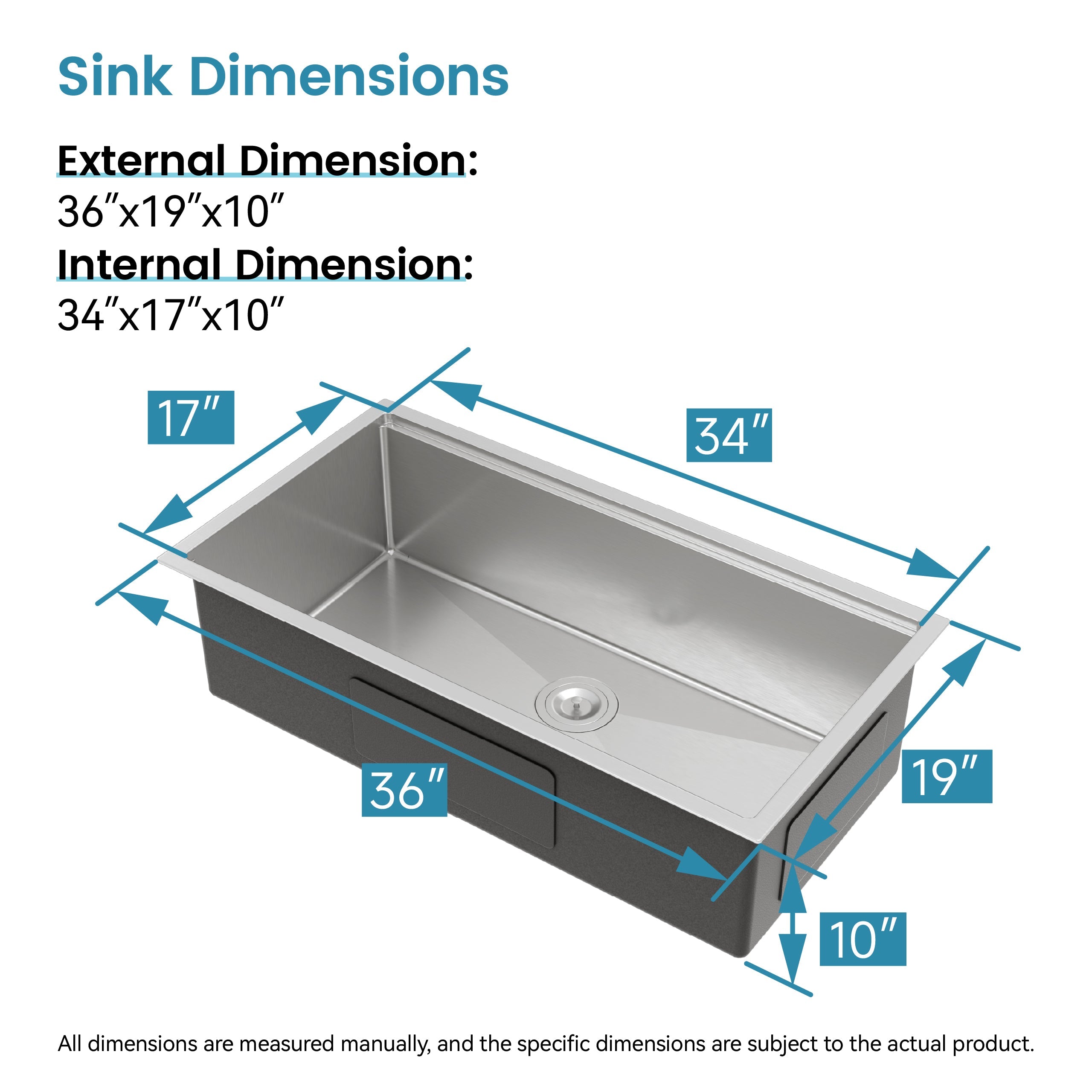 Stainless Steel Undermount Kitchen Sink 36x19 Single Bowl Brushed
