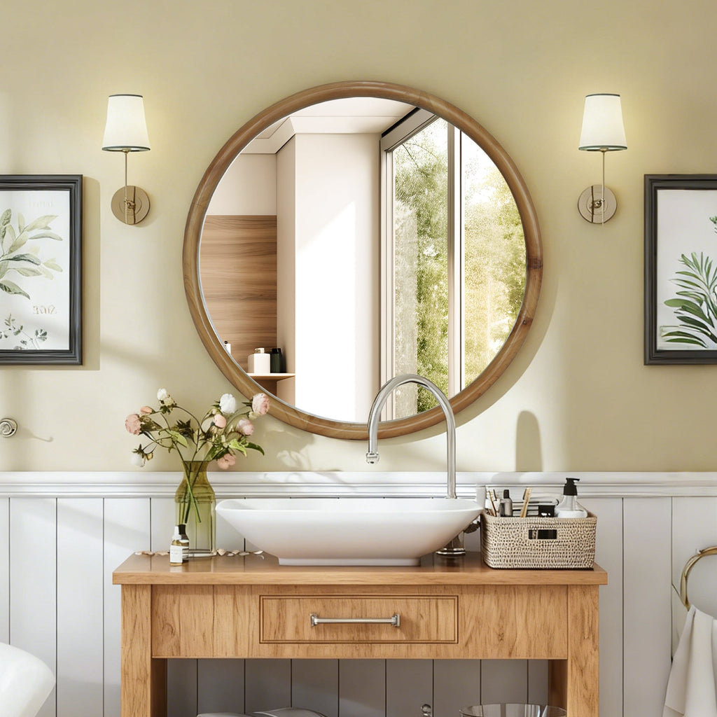23.62" Round Wood Frame Wall Mirror Mid-Century Modern