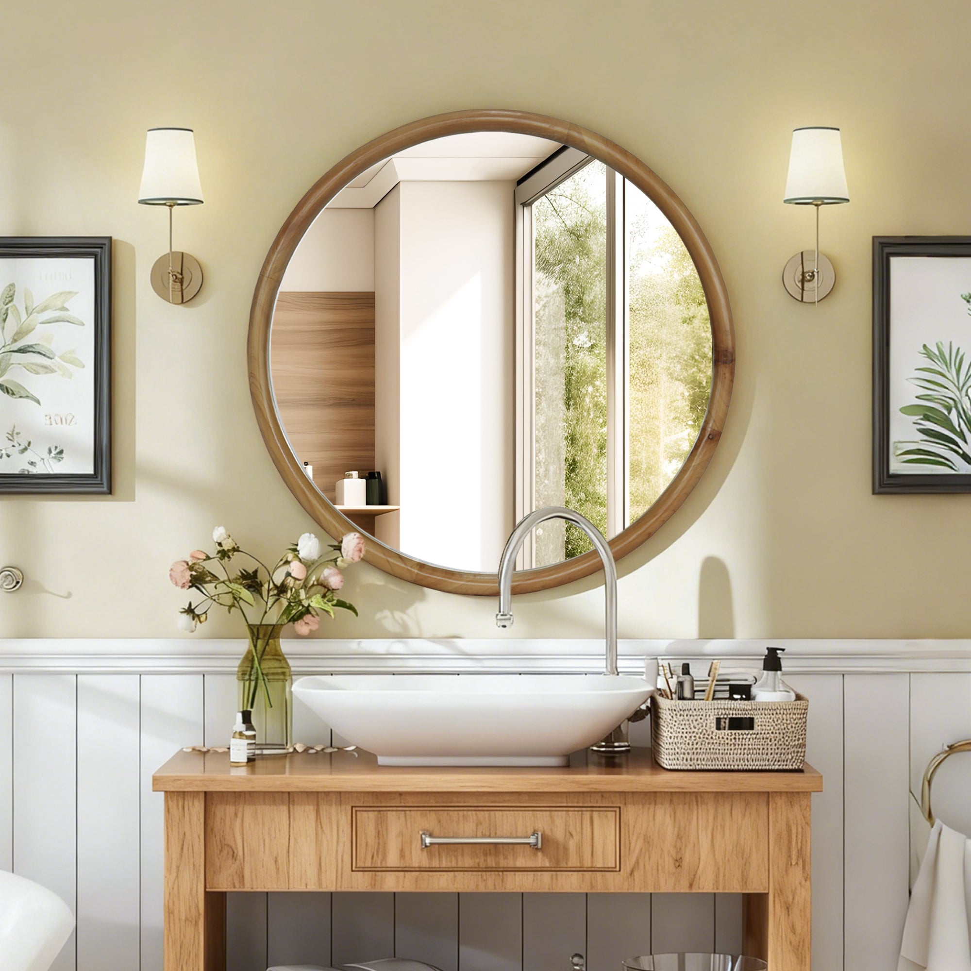 23.62" Round Wood Frame Wall Mirror Mid-Century Modern