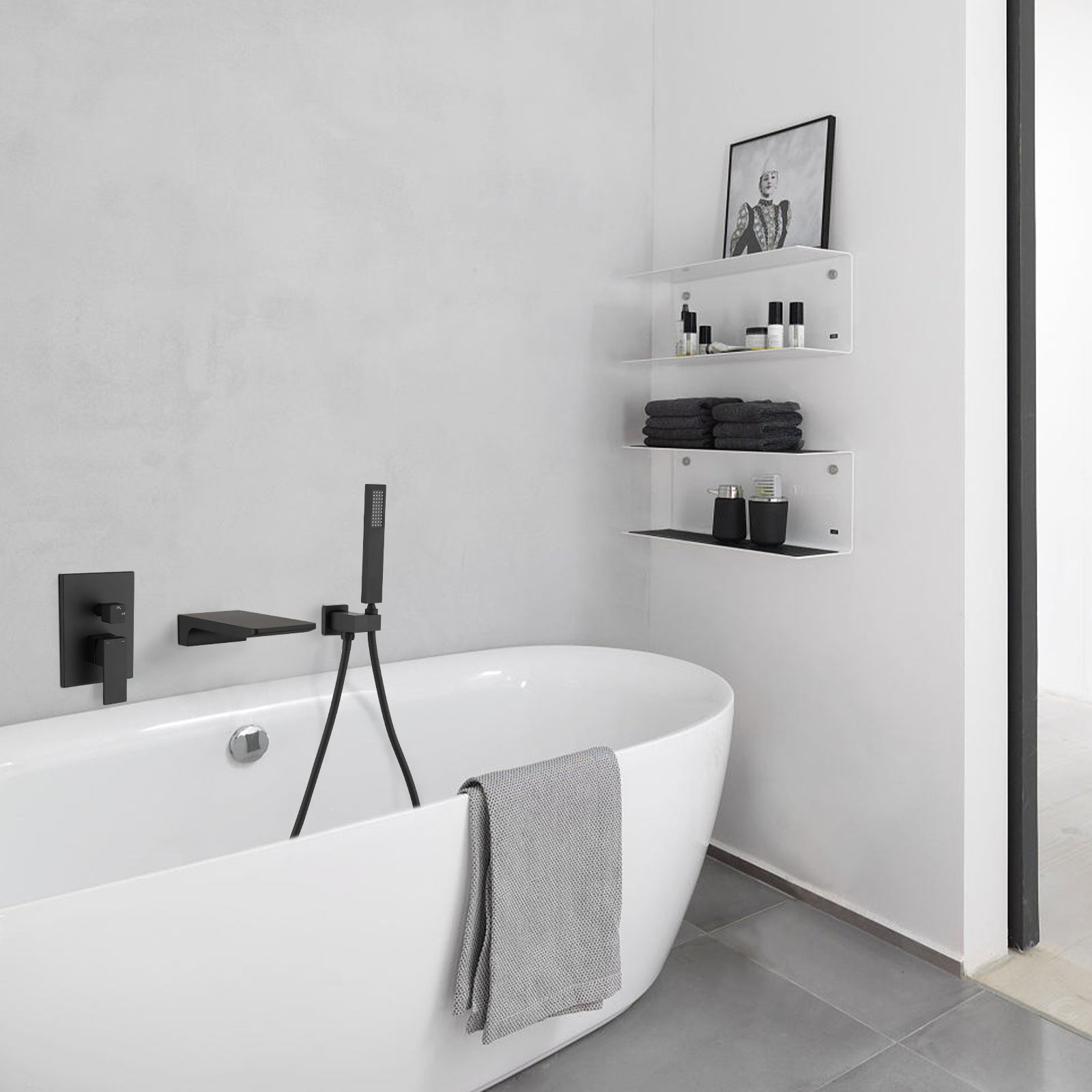 Modern Style Matte Black Wall Mount Tub Filler Bathtub Faucet Shower Set