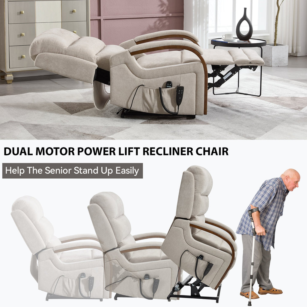 Power Beige Chenille Lift Recliner Chair Dual Motor 350 LBS