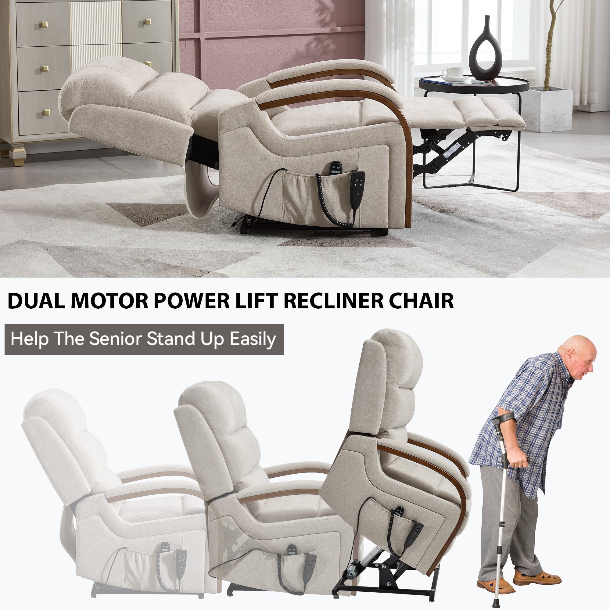 Power Beige Chenille Lift Recliner Chair Dual Motor 350 LBS