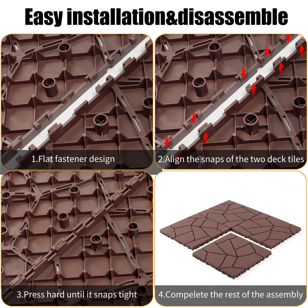 12' Patio Deck Interlocking Tiles Stone Style Red Brown 44pc