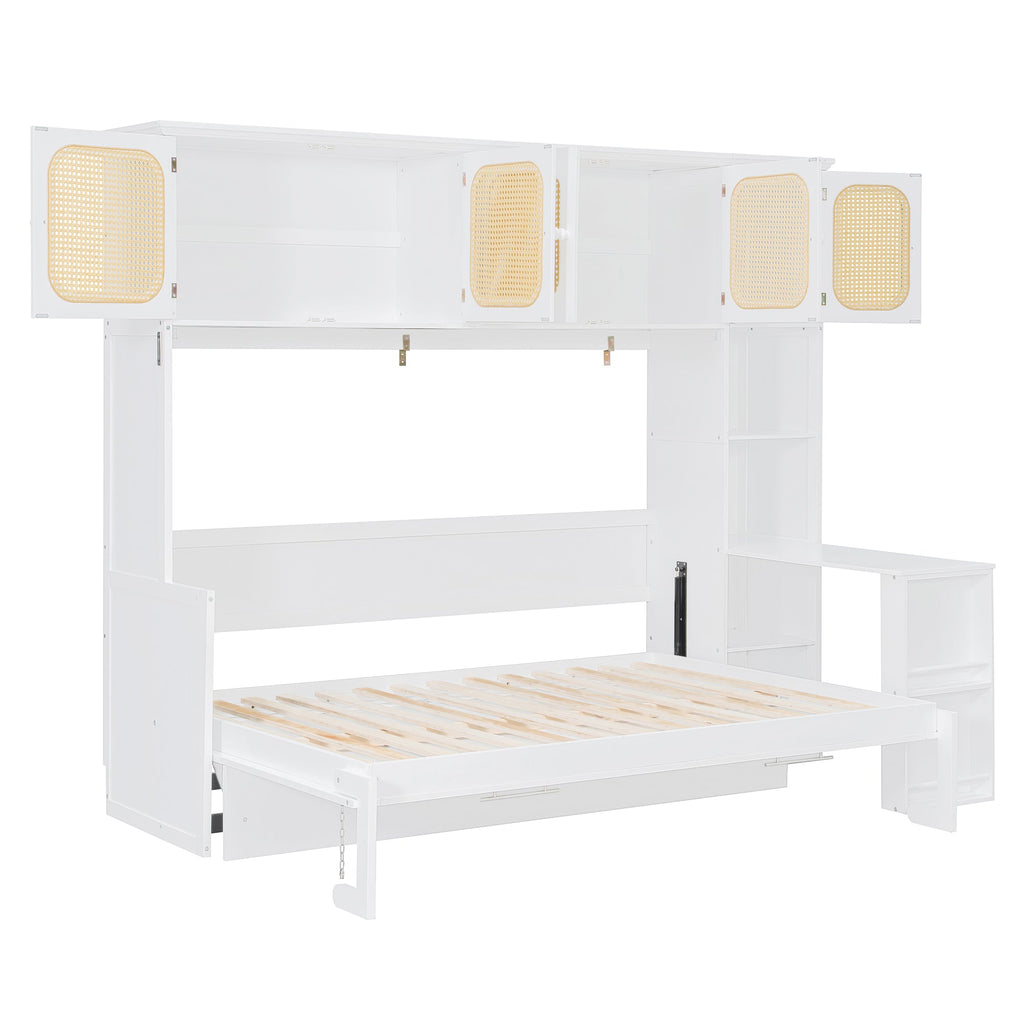 Murphy Bed with Desk and Rattan Cabinets, Warm White