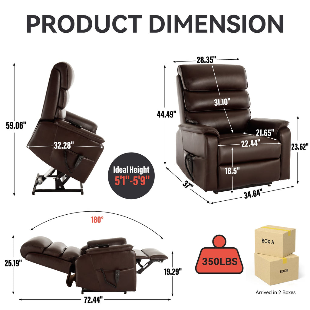 Brown Leather Power Lift Recliner Chair 350 LBS Heat Massage