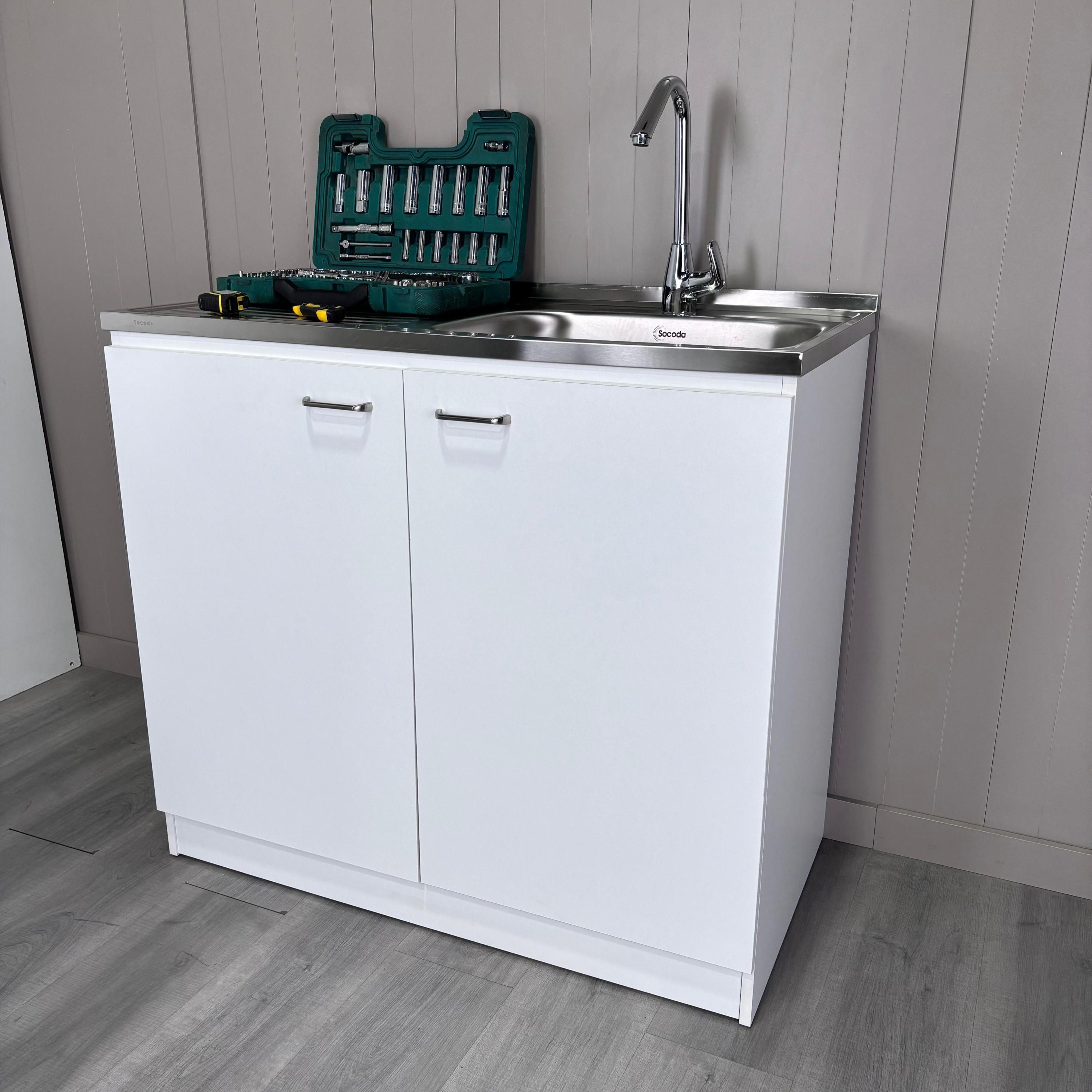 White Double Door Utility Sink Cabinet with Shelf