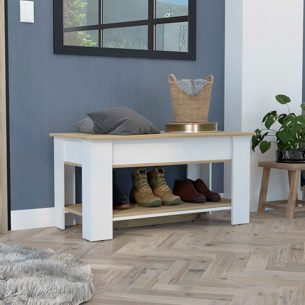 Storage Table with Lower Shelf, Light Oak White