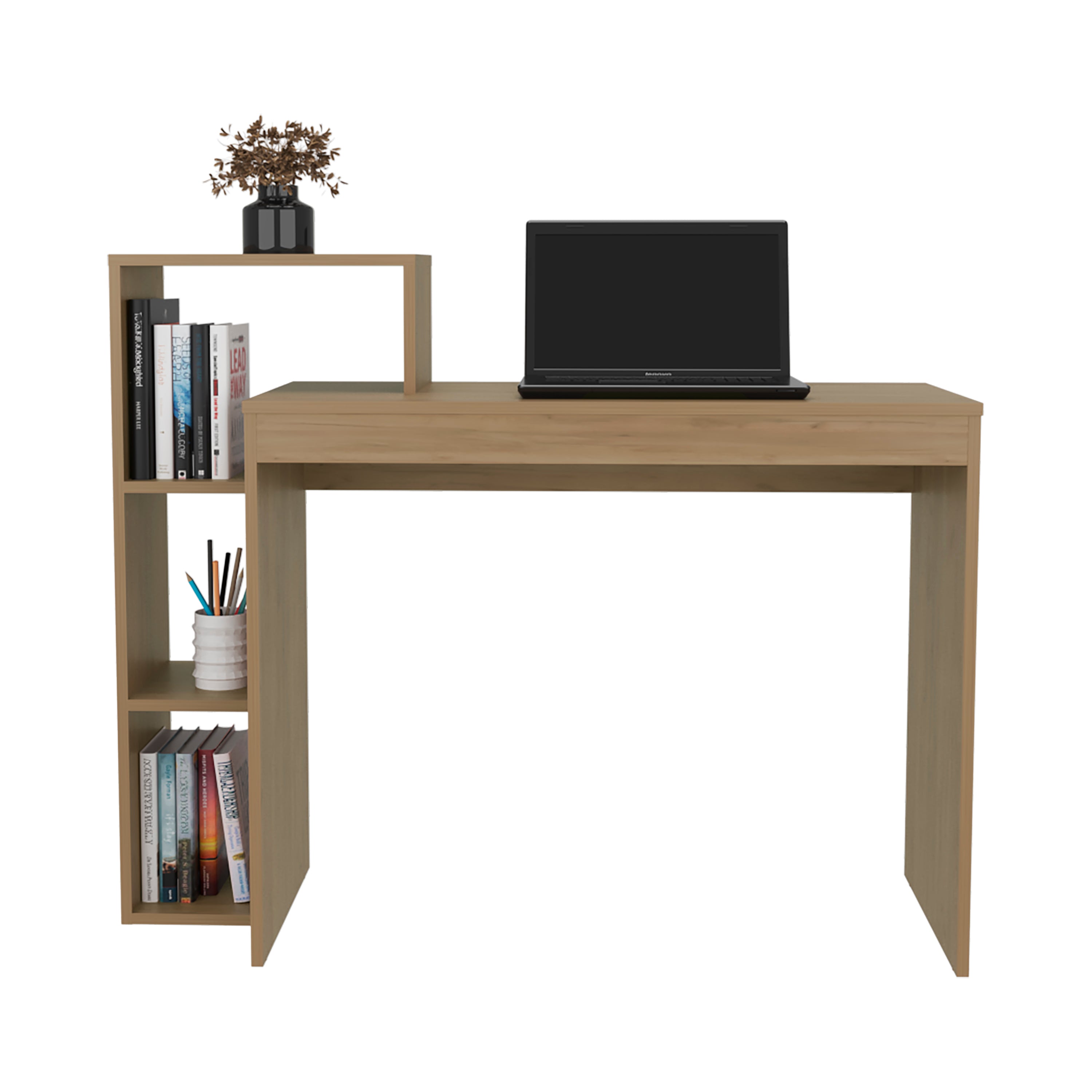 43in Wide Four Shelves Writing Desk, Home Office, Living Room, Natural Oak