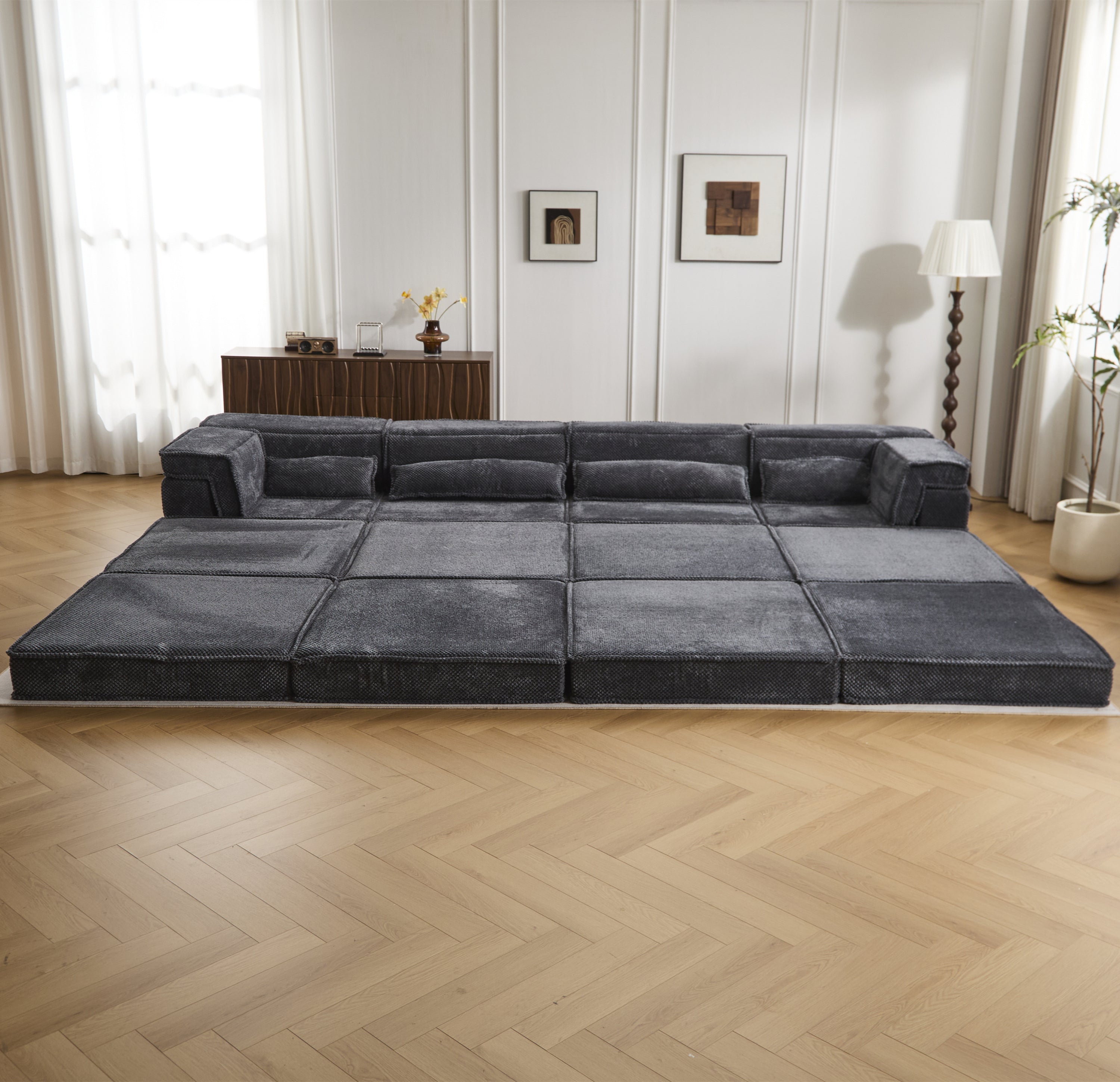 Sectional Sofa Bed Modular Circle Fleece Dark Gray 4 Seat 157 In Convertible