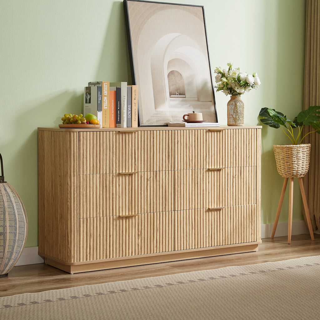 6 Drawer Dresser 55"W Curved Wave Design Walnut Wood