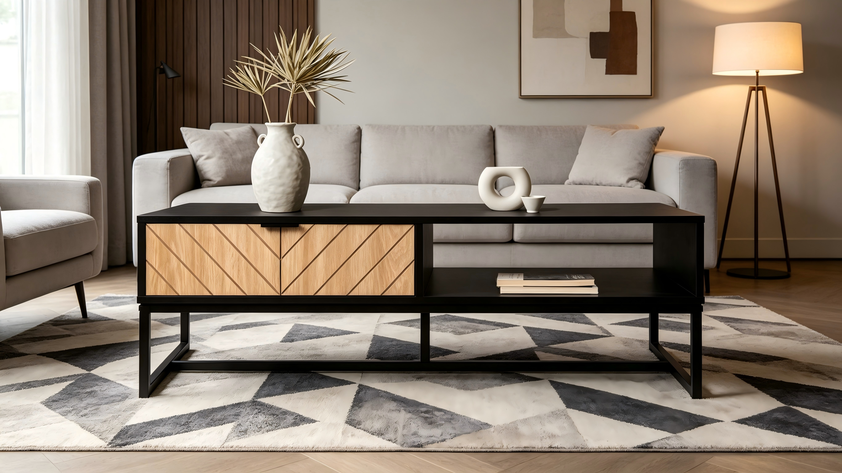 Black TV Stand with Wood Drawer and Storage Cubby