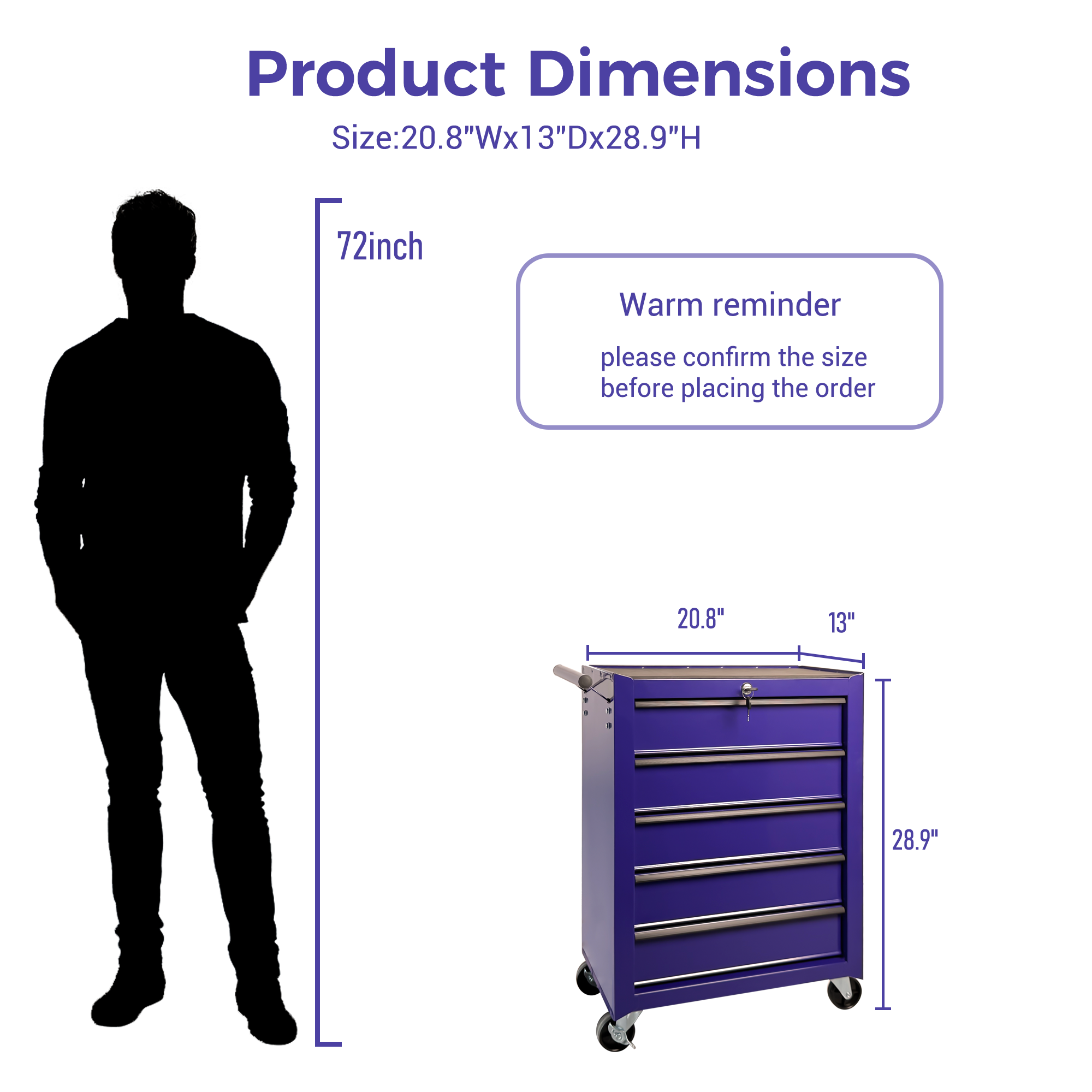 5-Drawer Rolling Metal Tool Chest Cabinet, Purple Steel Storage
