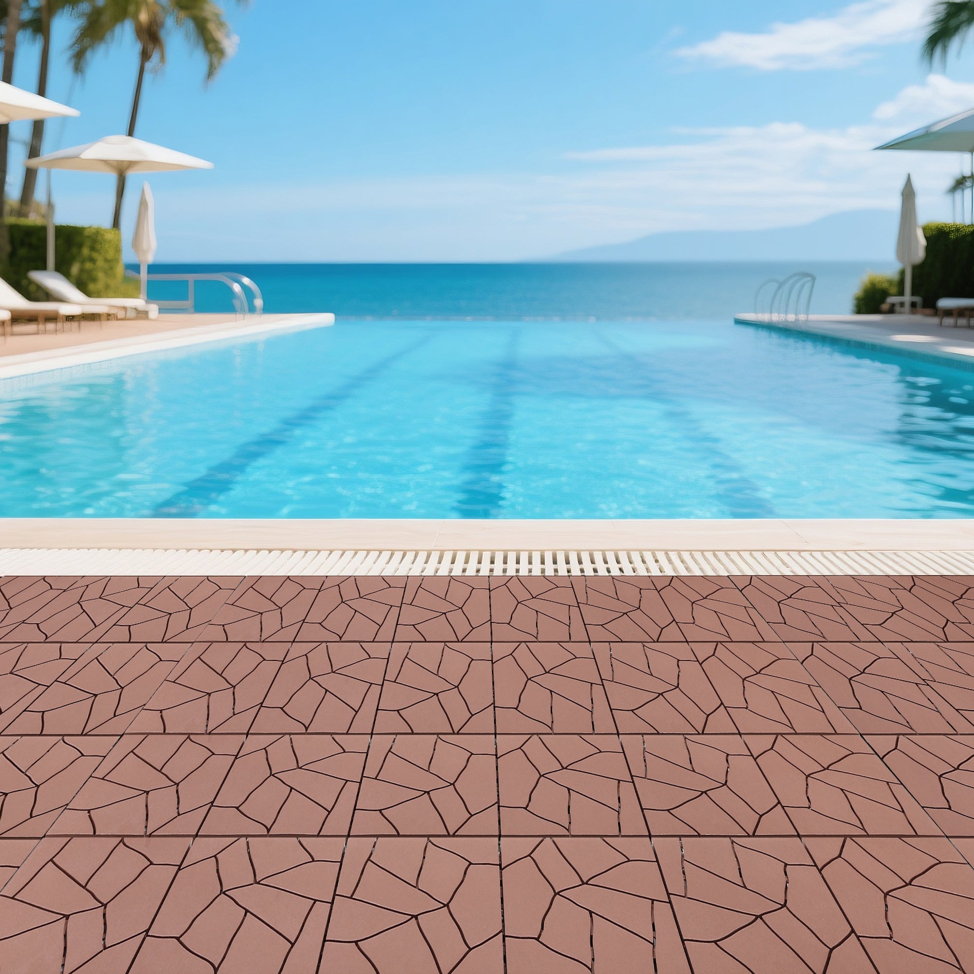 12' Patio Deck Interlocking Tiles Stone Style Red Brown 44pc