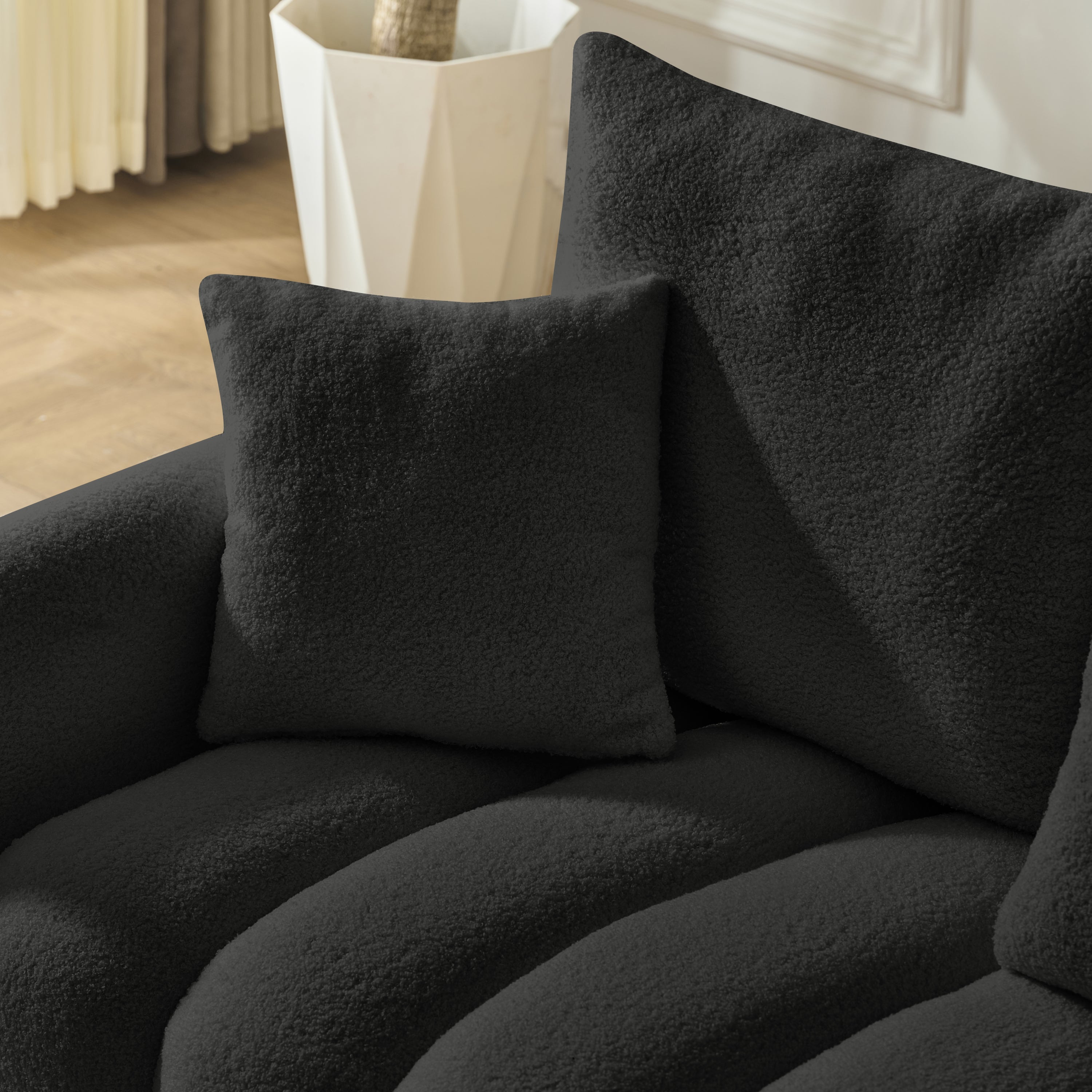Sectional Sofa Teddy Fabric Black Console USB Cup Holder 3 Seat 330 LB