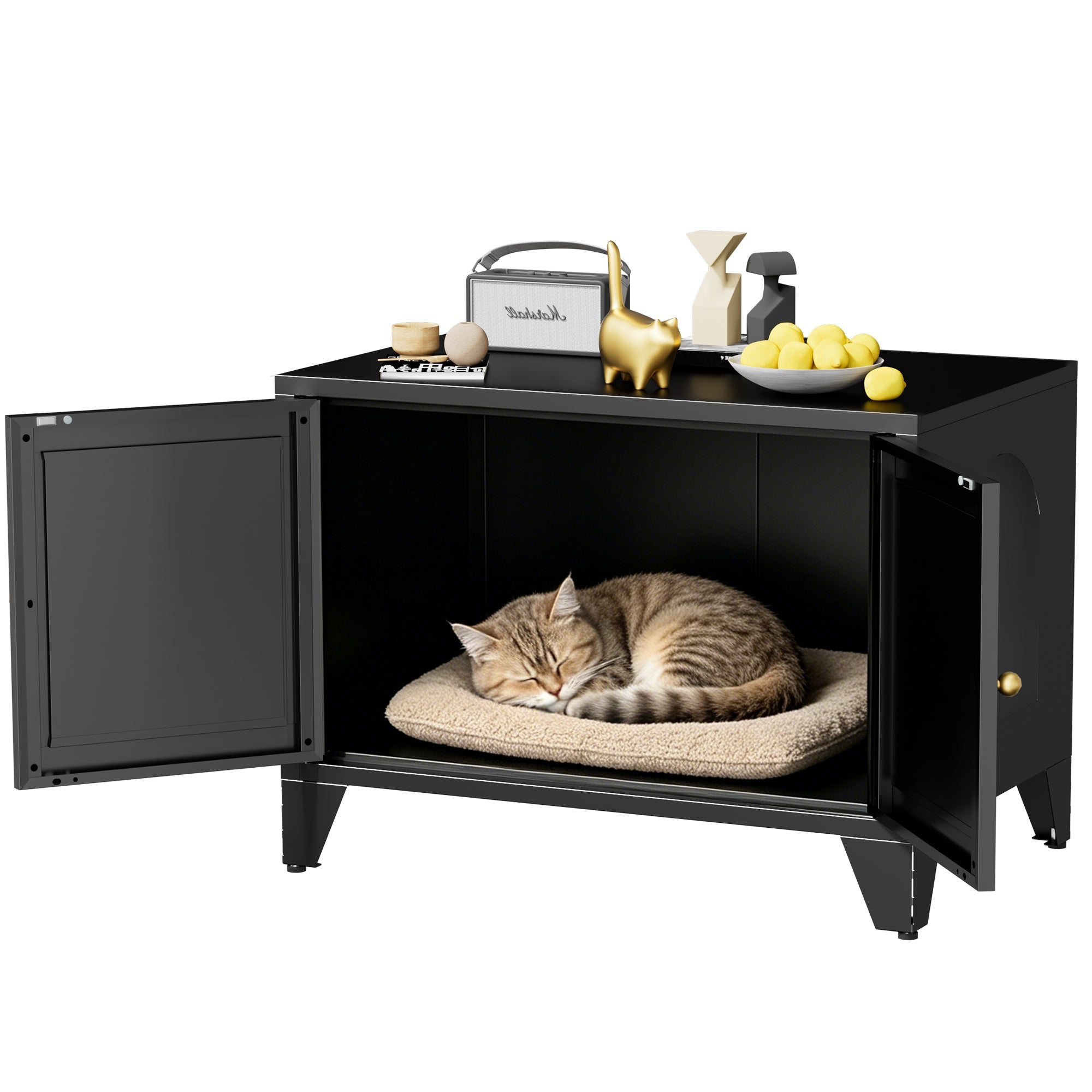 Modern Black Metal Cat Litter Box Enclosure Cabinet Furniture