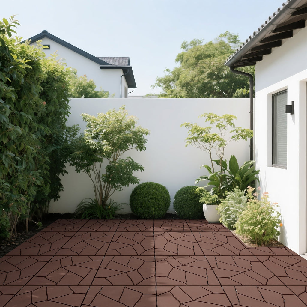12' Patio Deck Interlocking Tiles Stone Style Red Brown 44pc