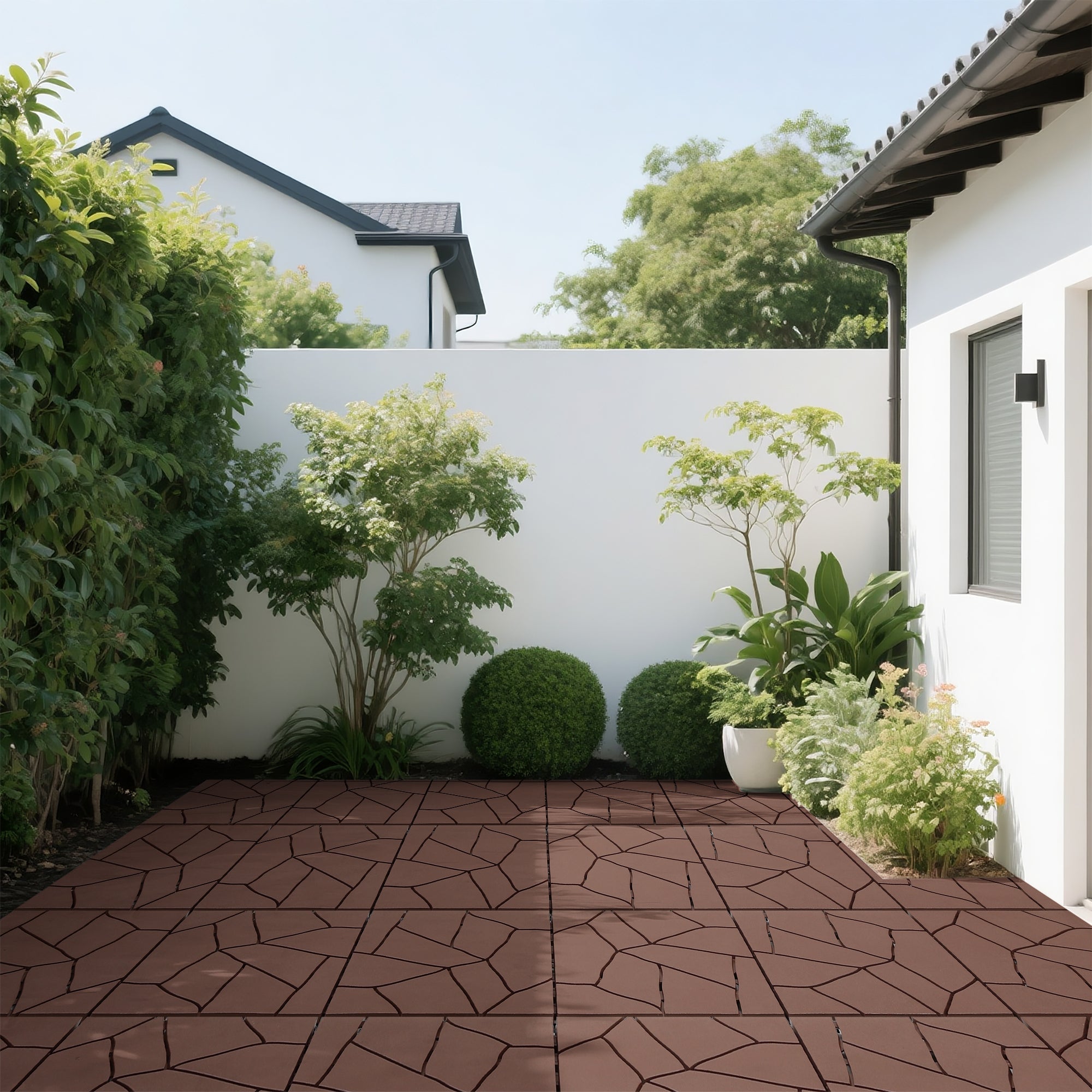 12' Patio Deck Interlocking Tiles Stone Style Red Brown 44pc