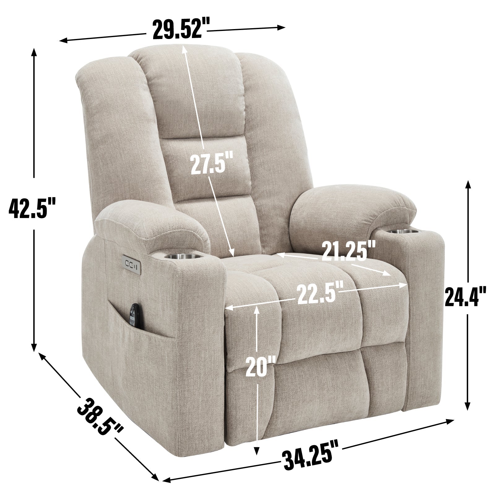 Power Lift Recliner Chair Massage Heat USB Ports Beige