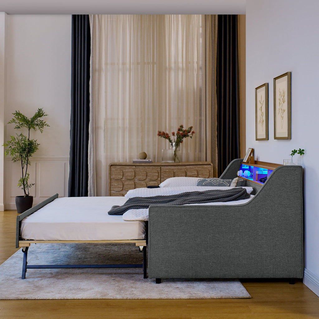Grey Linen Twin Sofa Bed LED Lights Storage Headboard