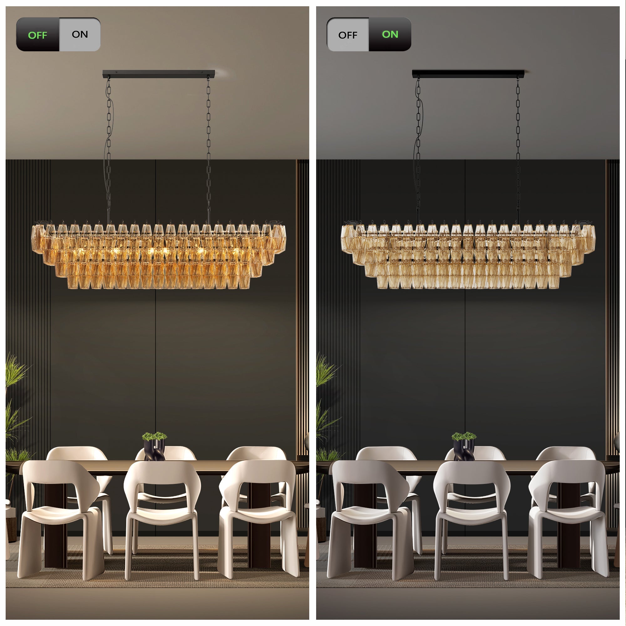 Chandelier Rectangle Black 12-Light 4-Tier Smoke Glass 54 In Farmhouse