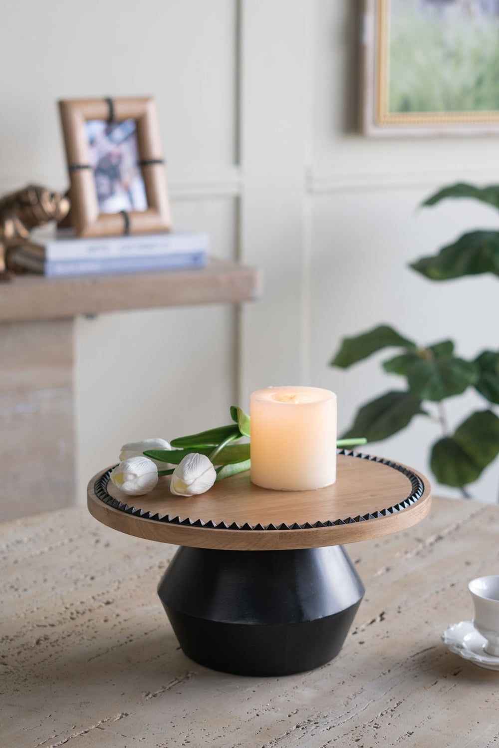 Round Wooden Pedestal Ottoman Tray 12x12x6 Black