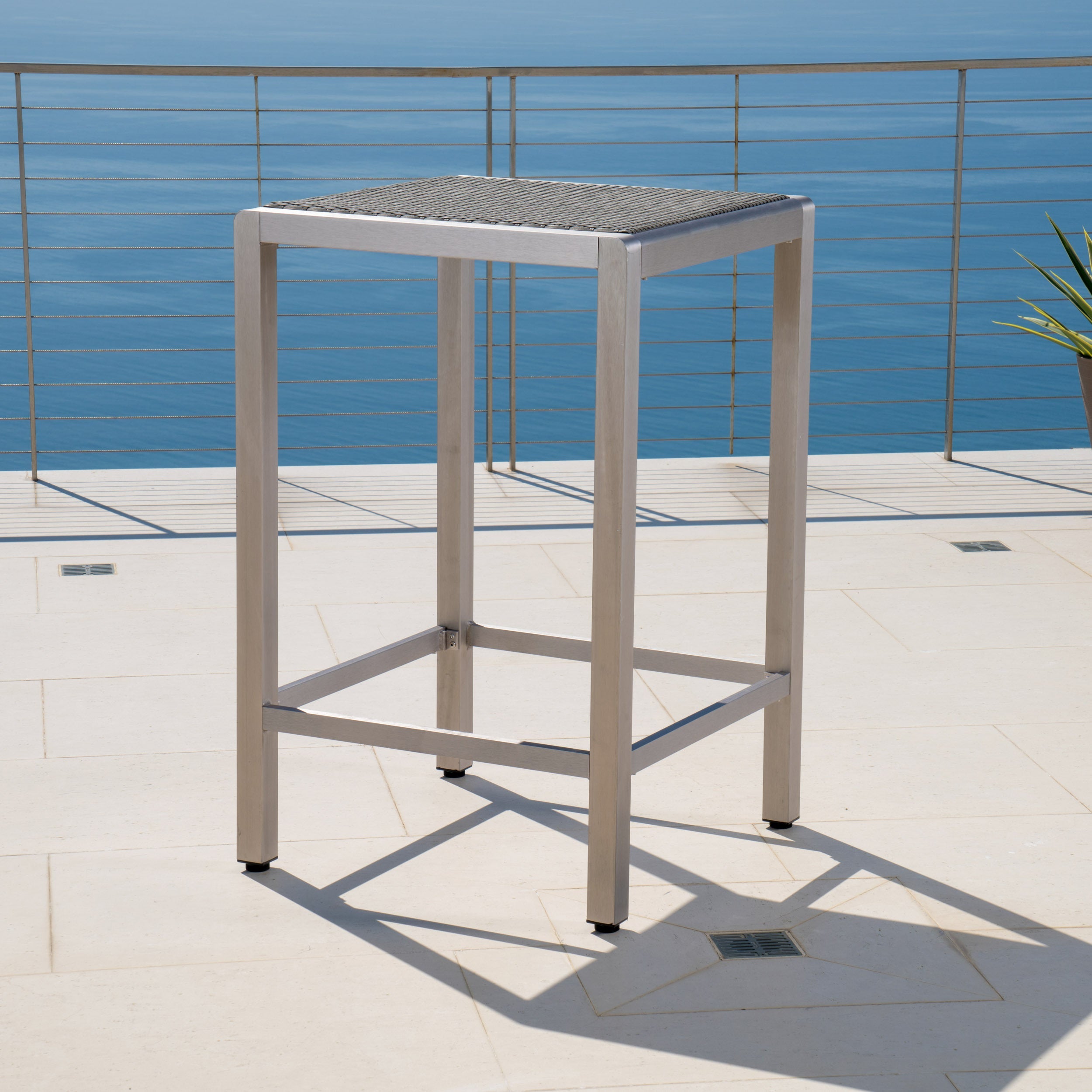 43" Outdoor Aluminum Bar Table with PE Rattan Top, Grey Silver