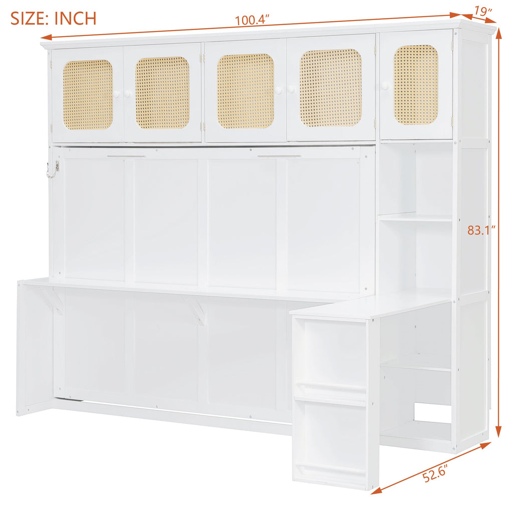 Murphy Bed with Desk and Rattan Cabinets, Warm White