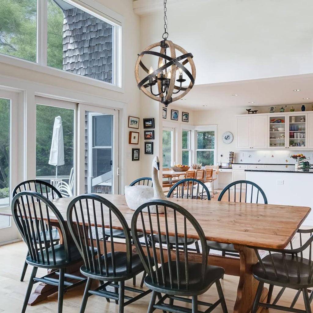 Chandelier Farmhouse 4-Light Rustic Wood Adjustable Kitchen Living