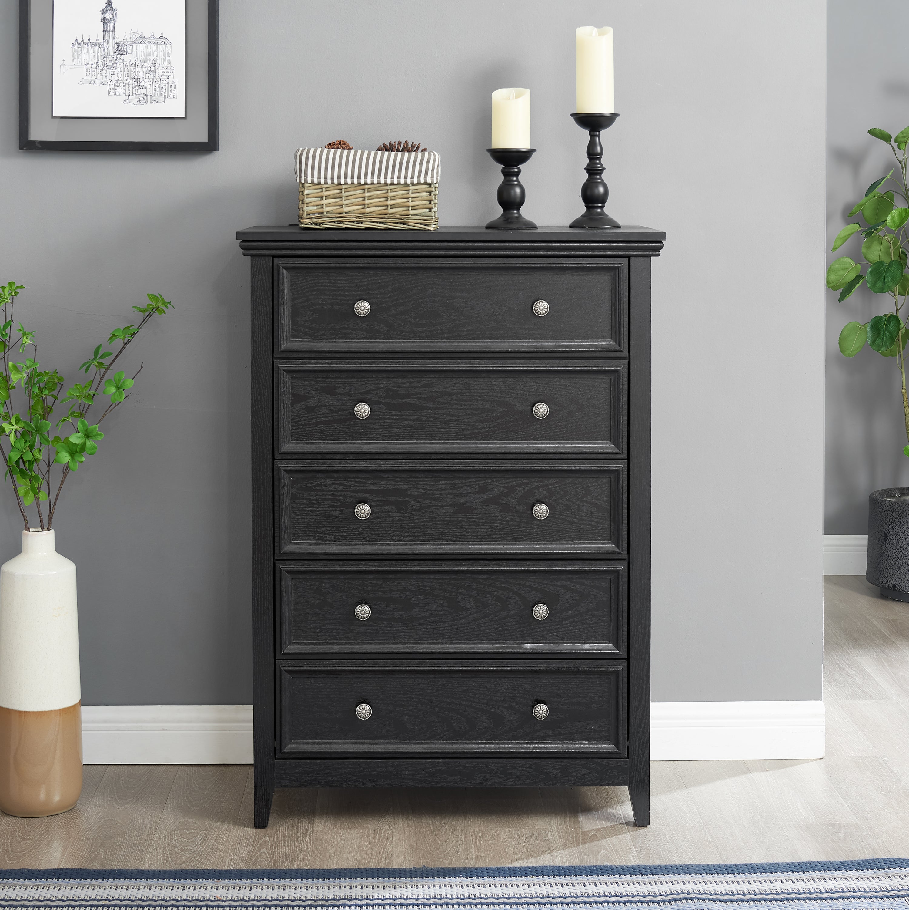 Black 5 Drawer Dresser Chest Cabinet Storage Organizer