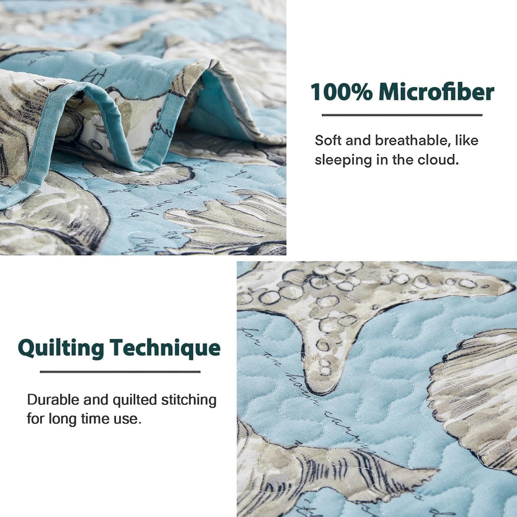 Beach Theme Quilt Set 3PC Seashell Starfish Coastal Ocean Bedspread