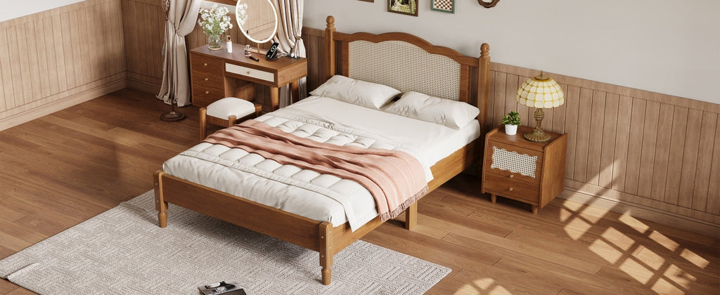 Full Size Wooden Platform Bed with Rattan Headboard