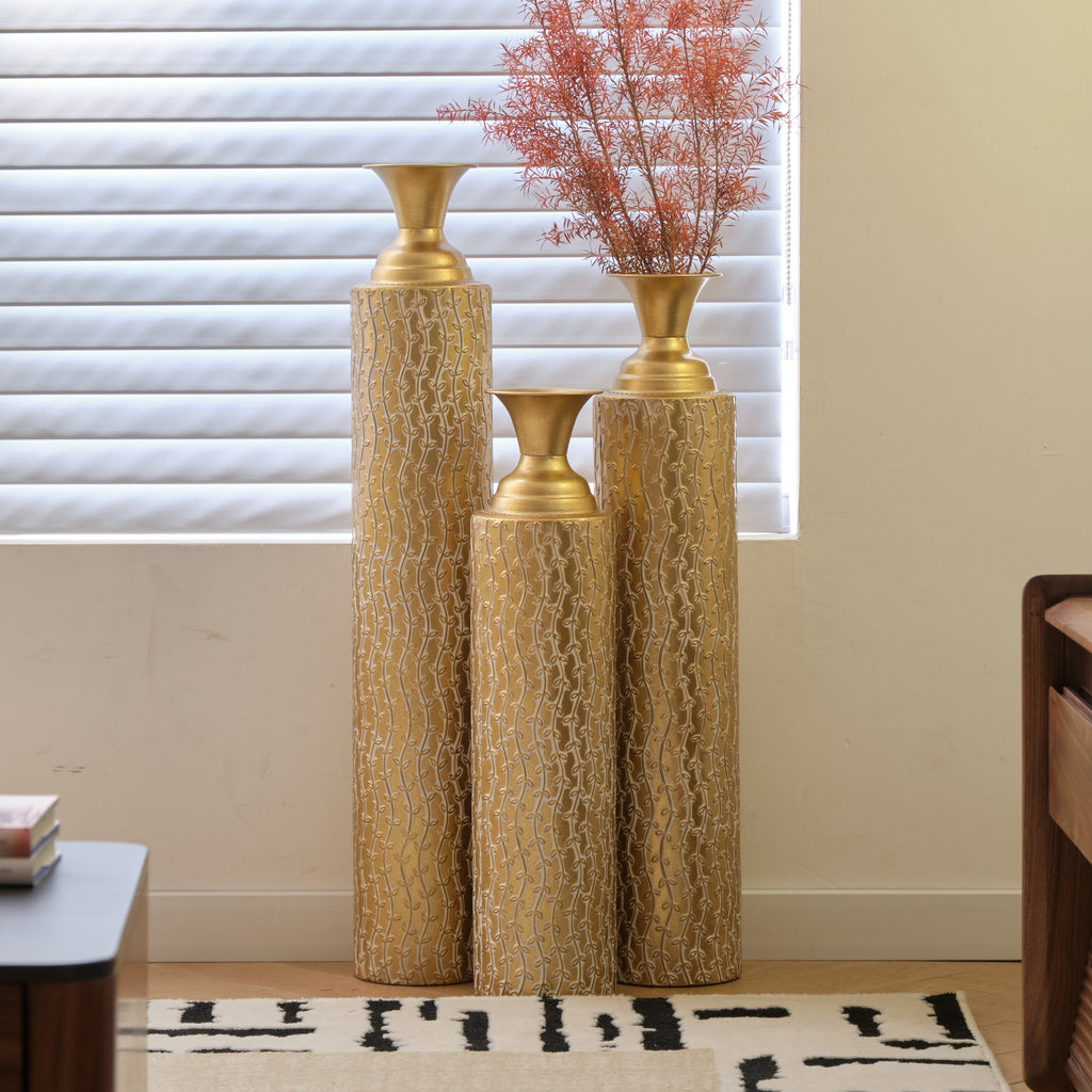 Set of 3 Gold Distressed Metal Vases with Vine Pattern 34
