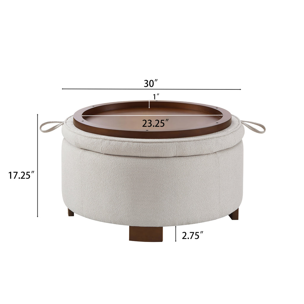 Round Storage Ottoman with Reversible Lid, Boucle Fabric Upholstered, Beige