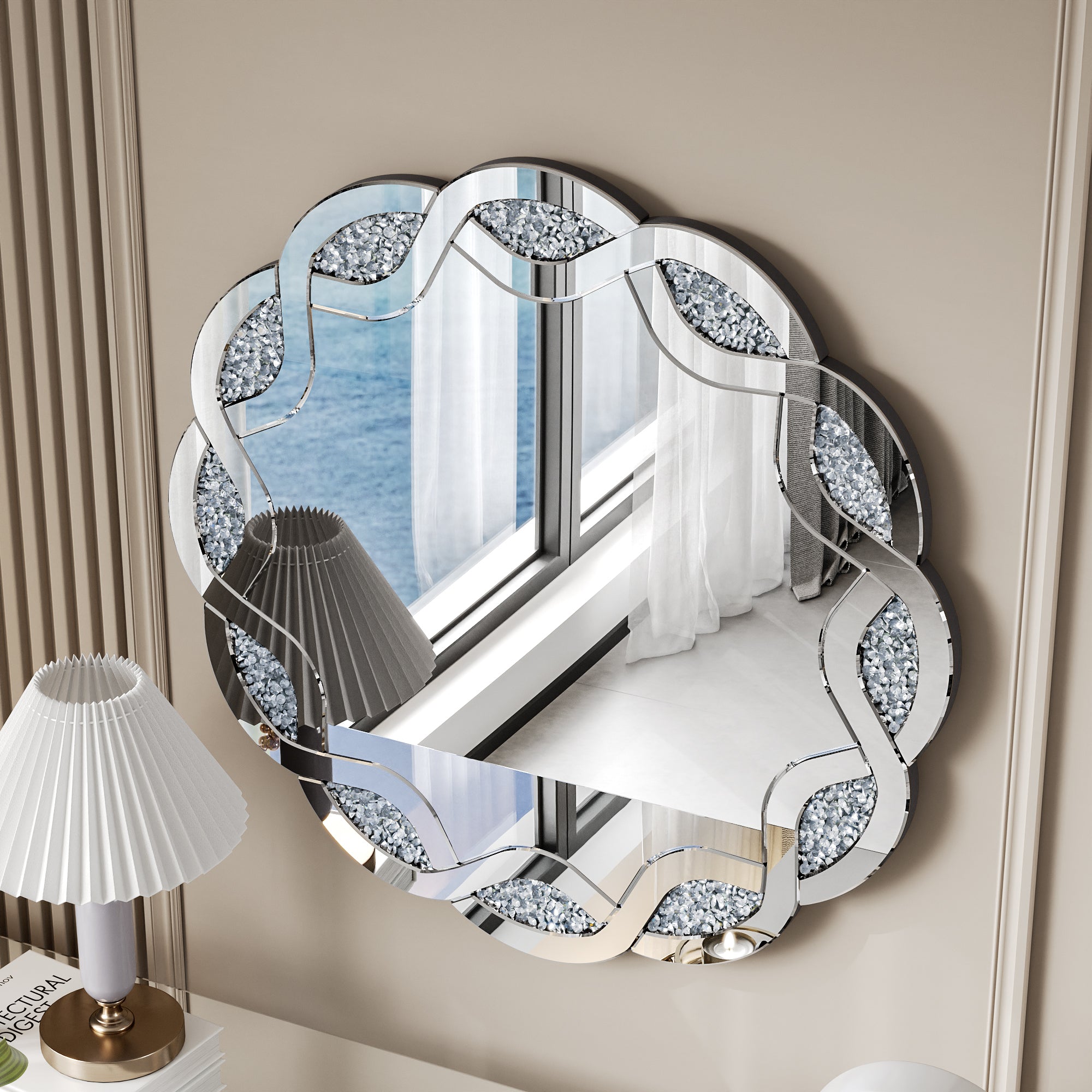 31.5" Silver Wave Diamond Round Wall Mirror