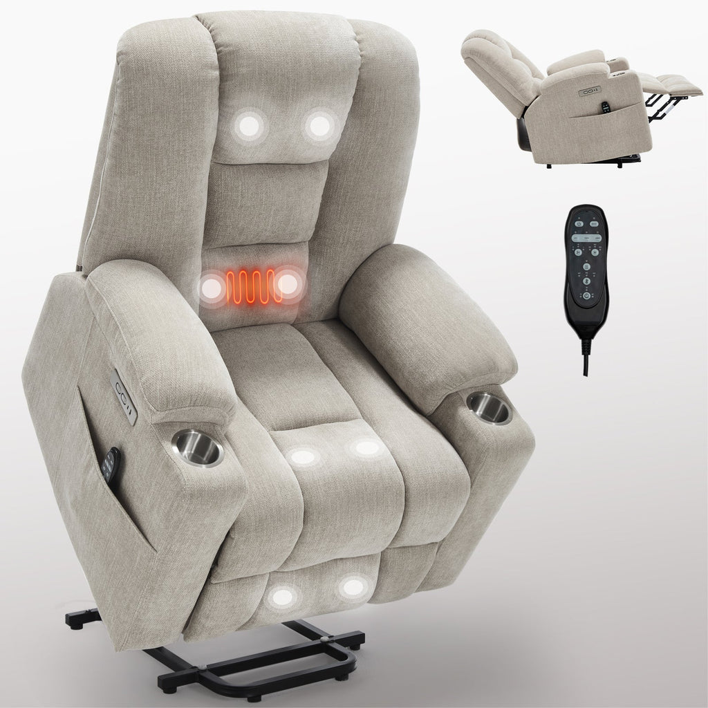 Power Lift Recliner Chair Massage Heat USB Ports Beige