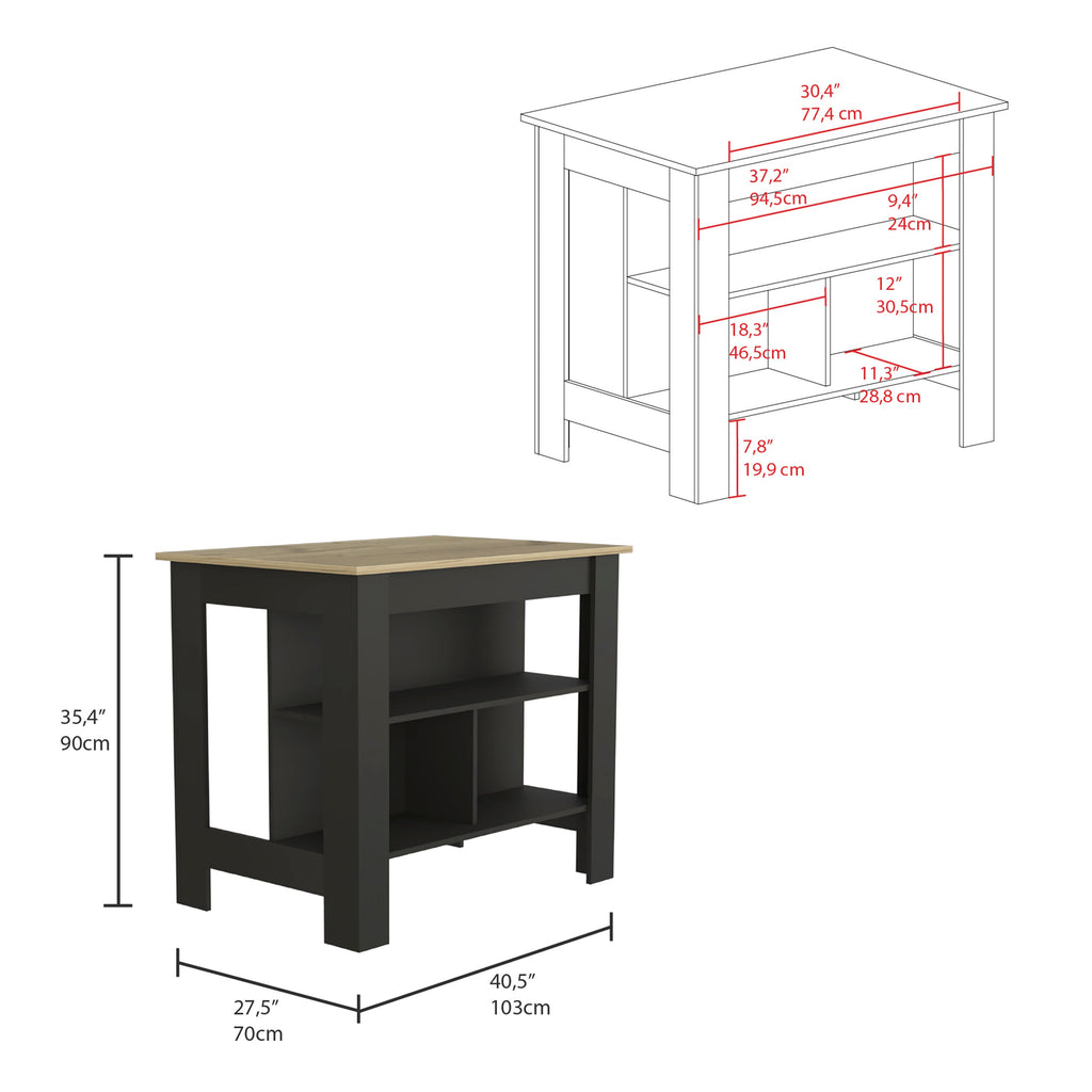 Kitchen Island with Shelves, Black and Light Oak
