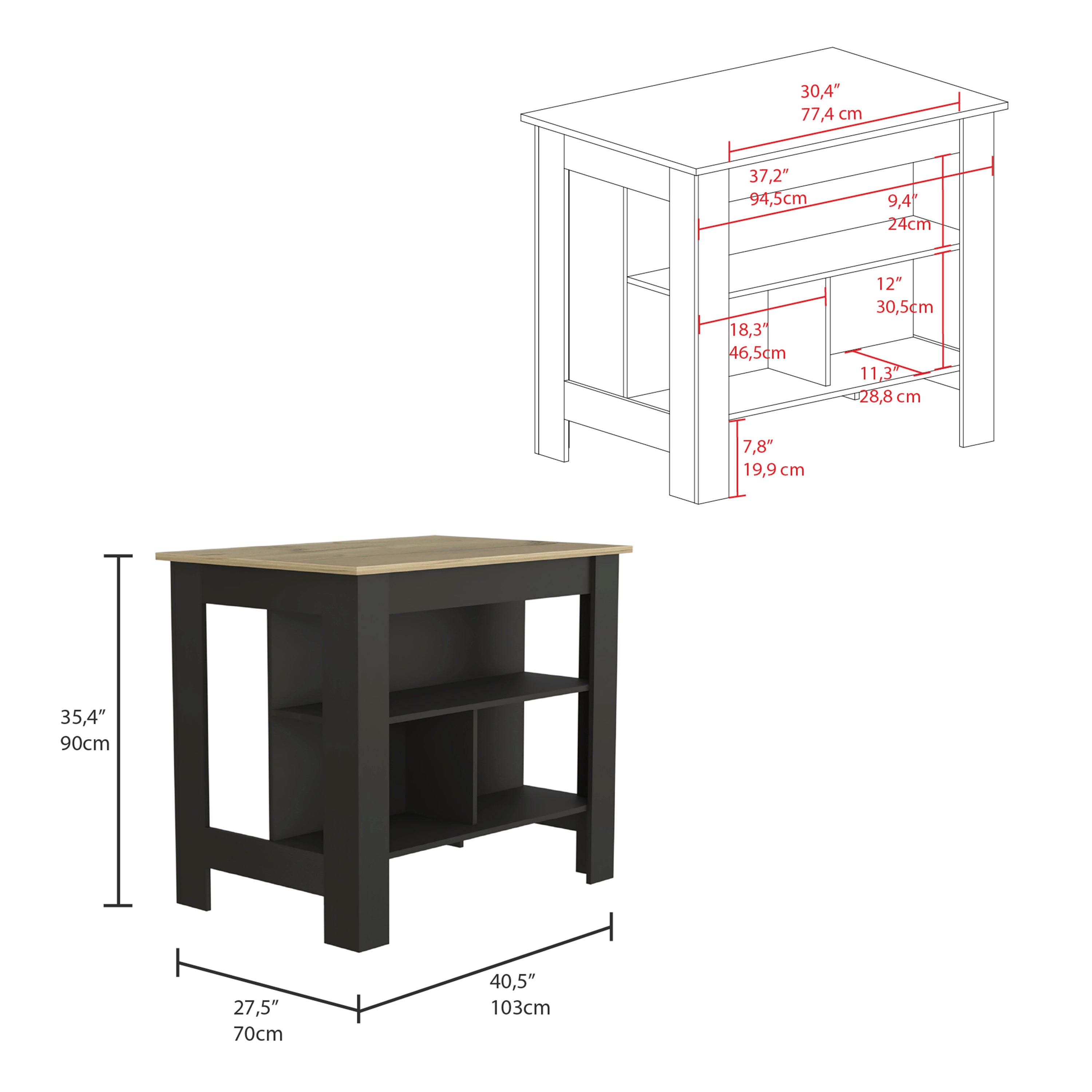 Kitchen Island with Shelves, Black and Light Oak