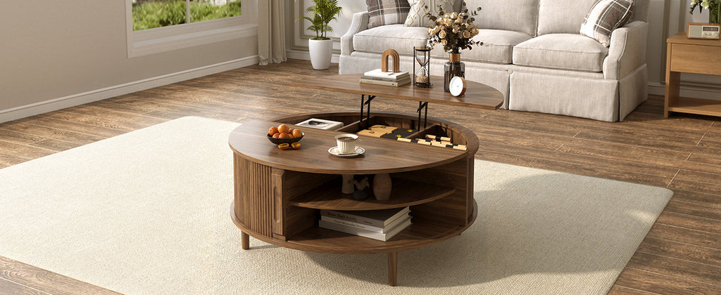 Round Lift-Top Coffee Table with Hidden Storage Sliding Door