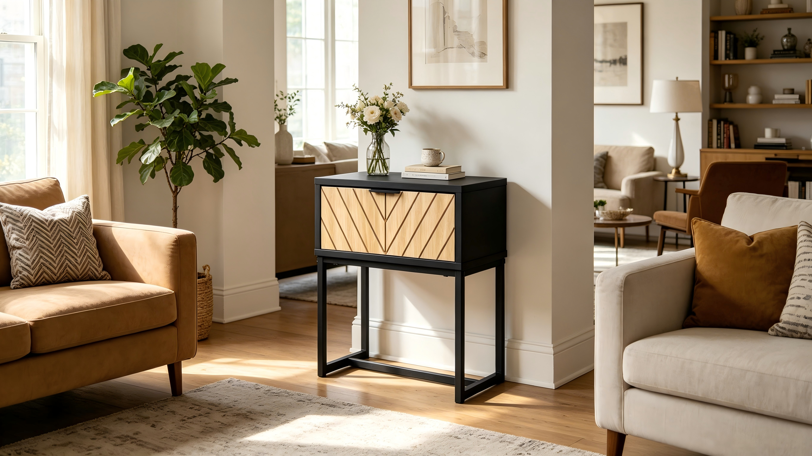 Black Wooden Console Table with Storage Drawer