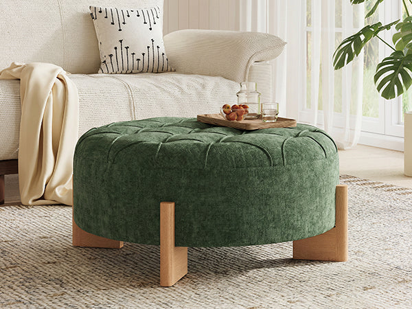 32' Round Tufted Ottoman with Solid Wood Legs, Chenille Fabric Footrest