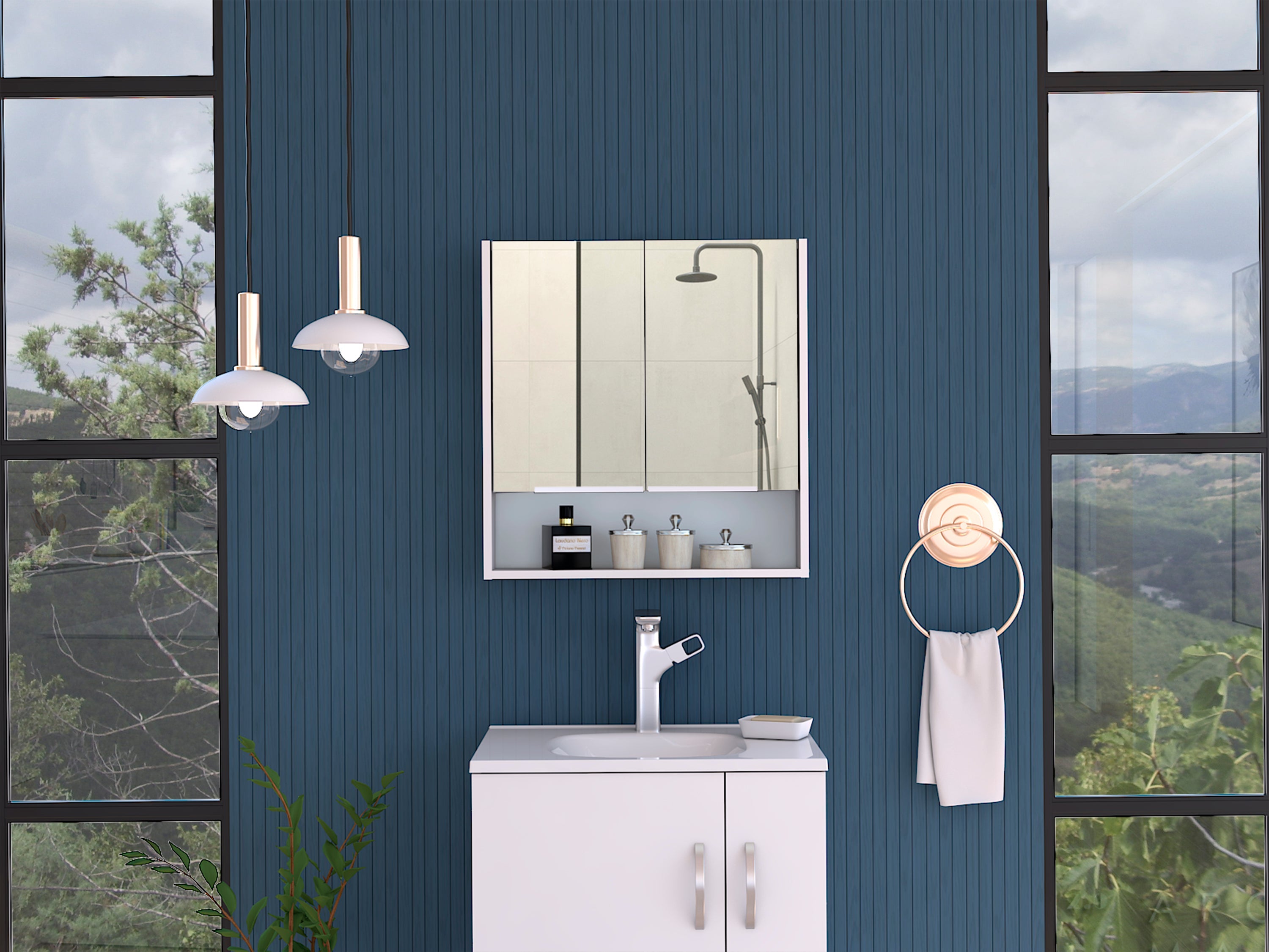 White Mirror Cabinet with Shelves and Double Doors