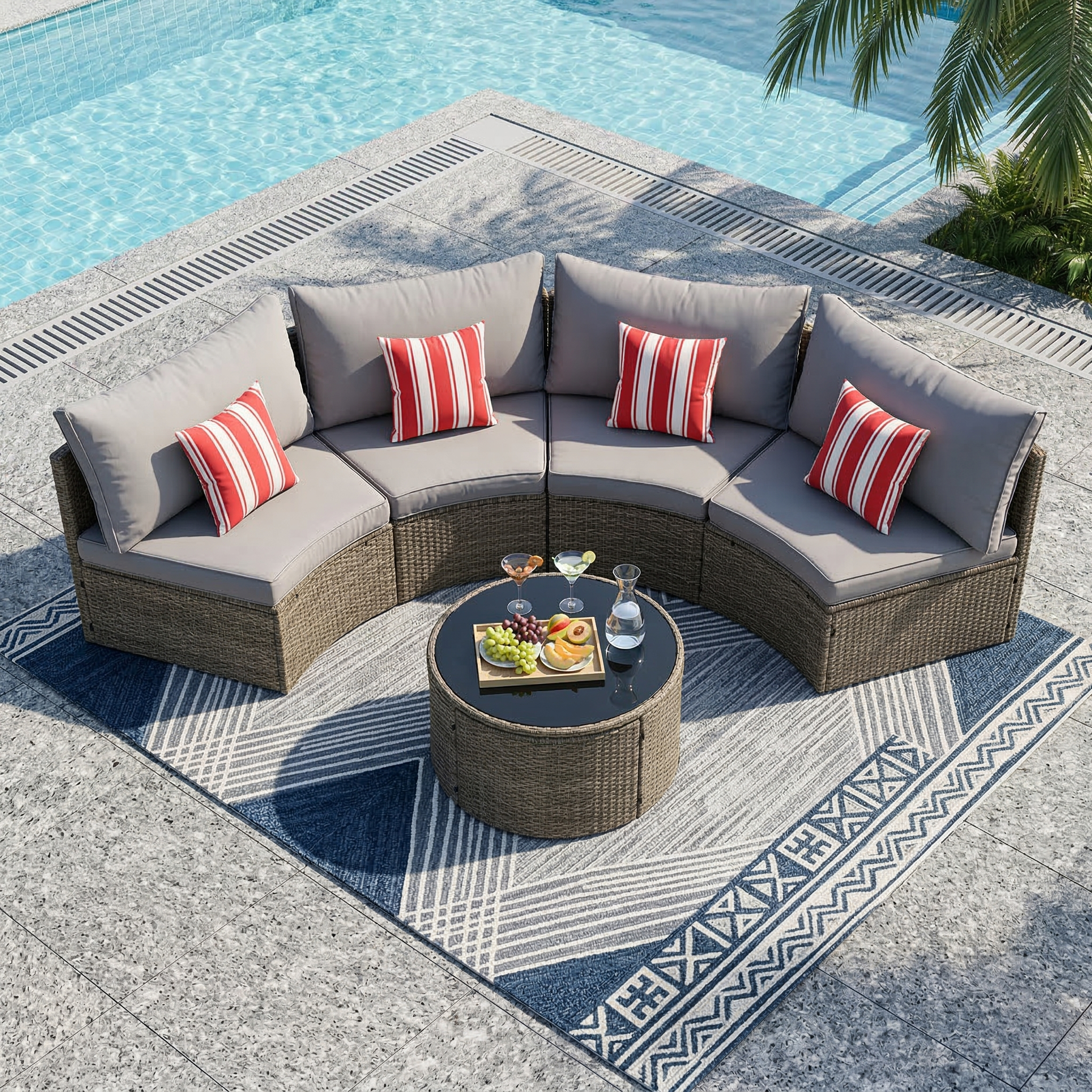 Outdoor Sectional Set PE Rattan Steel Gray 8 Piece Half Moon Seats 6